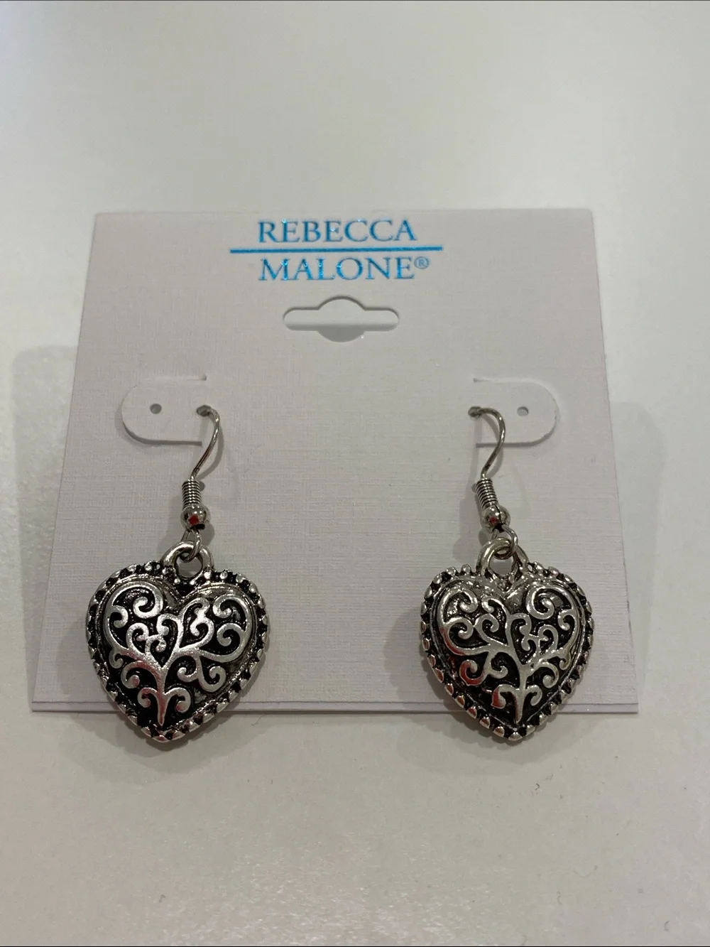 NEW Rebecca Malone Silver-Tone Filigree Heart Drop Earrings